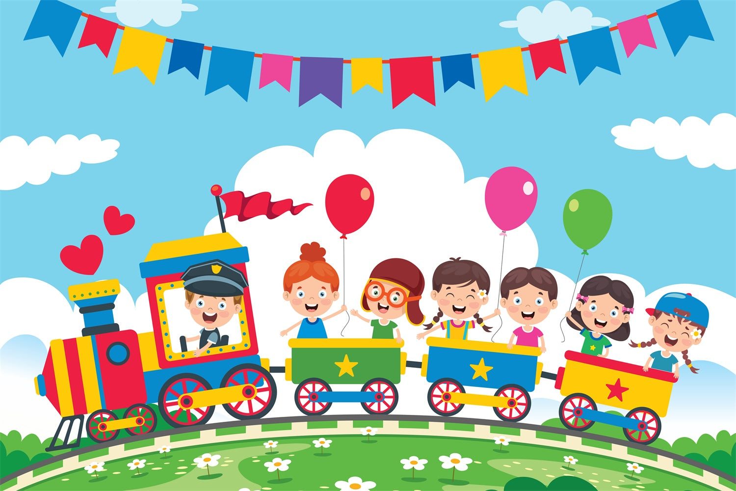 Mexican Children's Day Backdrop Joyful Kids Balloon Train Backdrop GTY3-115