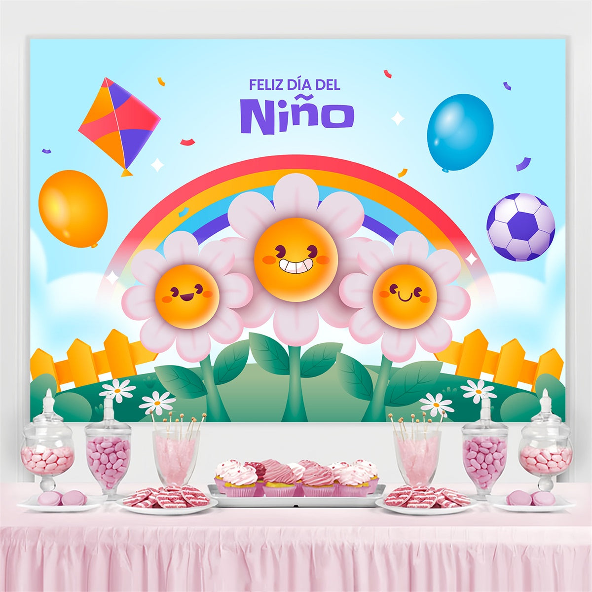 Mexican Children's Day Backdrop Balloons Rainbow Celebration Backdrop GTY3-125