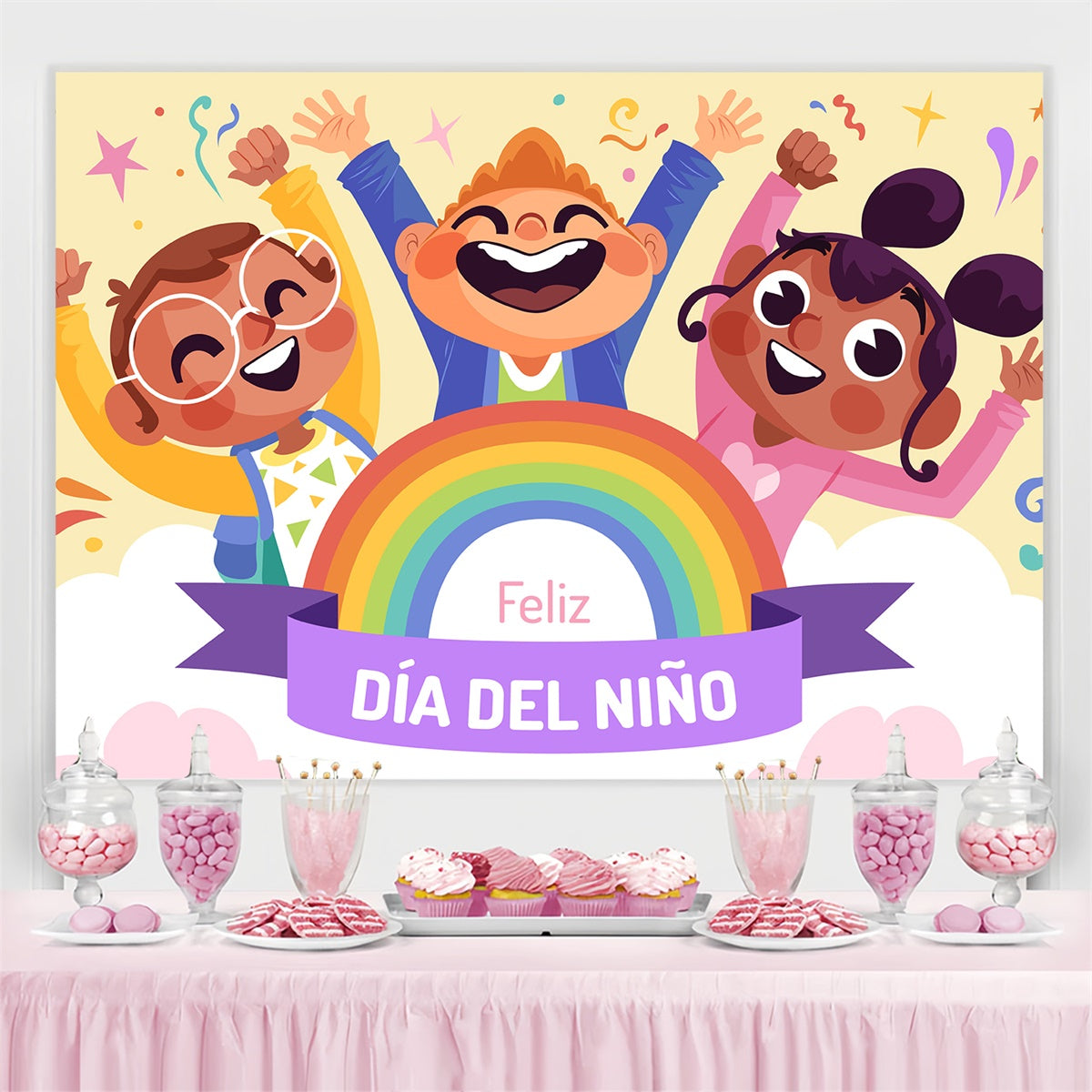 Mexican Children's Day Backdrop Excited Kids Confetti Backdrop GTY3-129