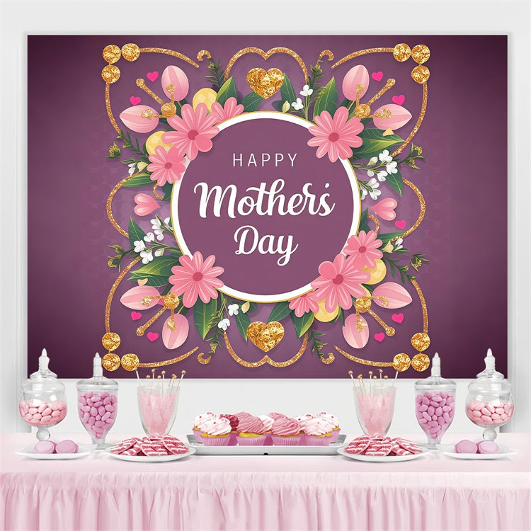 Mothers Day Backdrop Purple Gold Floral Personalized Backdrop GTY3-174