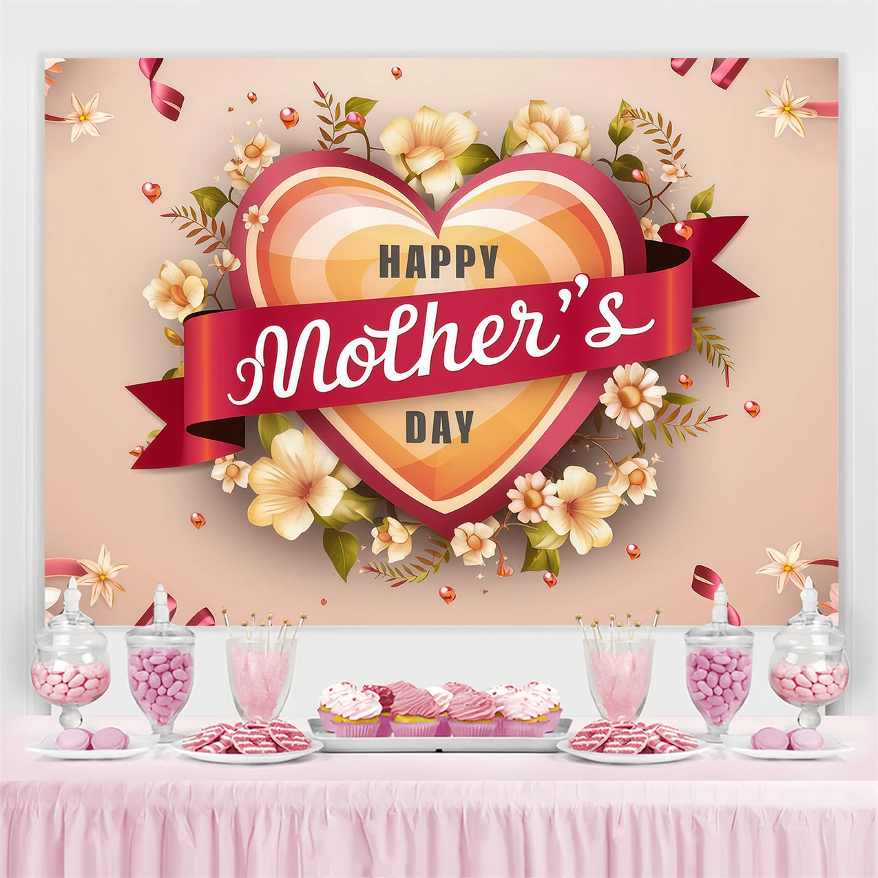 Mother's Day Photo Backdrop Floral Heart Ribbon Personalized Backdrop GTY3-178