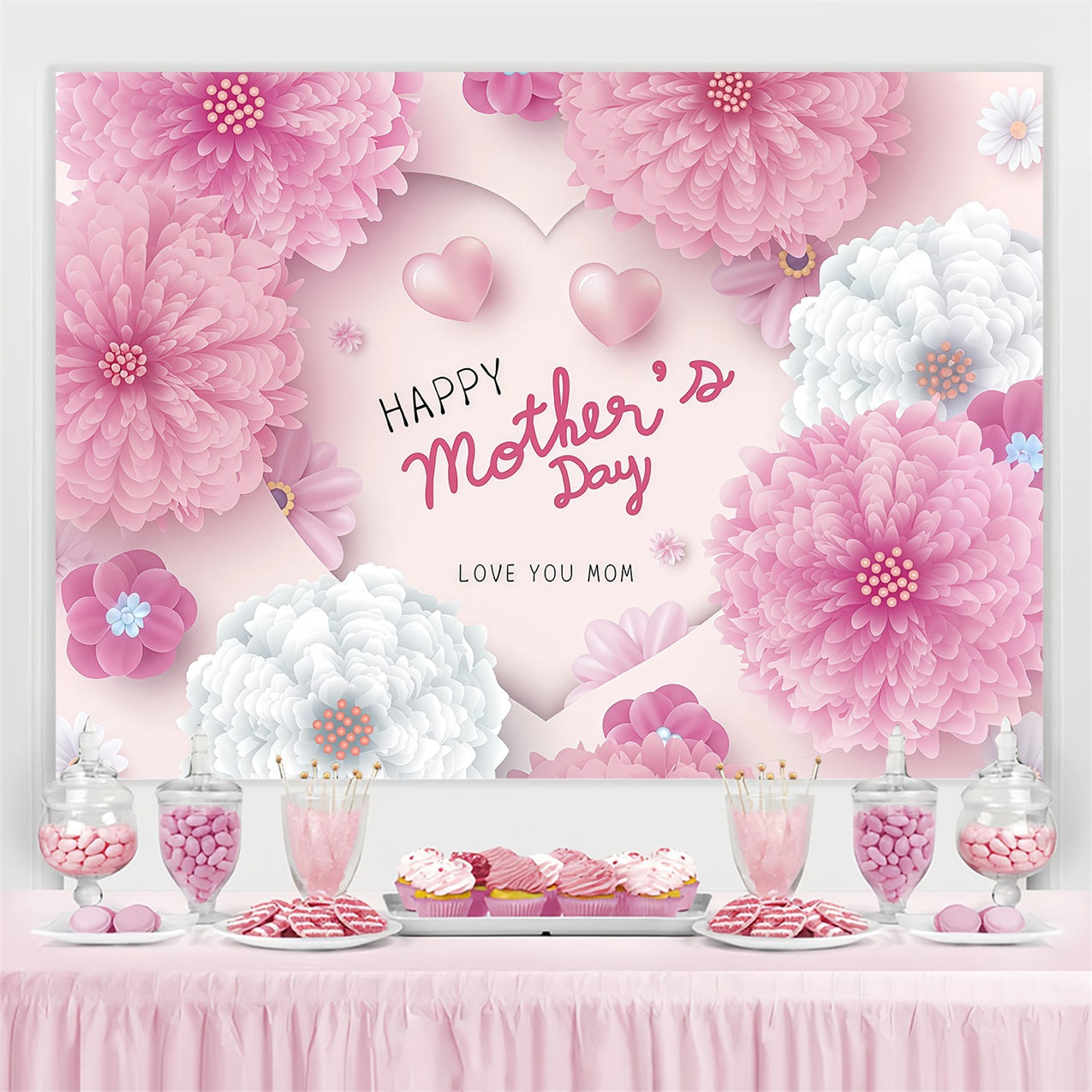 Backdrops For Mother's Day Delicate Flowers Hearts Customized Backdrop GTY3-189