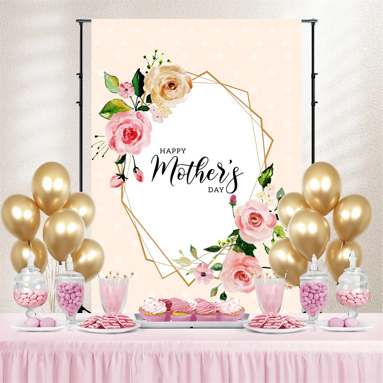 Backdrop Mothers Day Floral Golden Frame Custom Backdrop GTY3-208