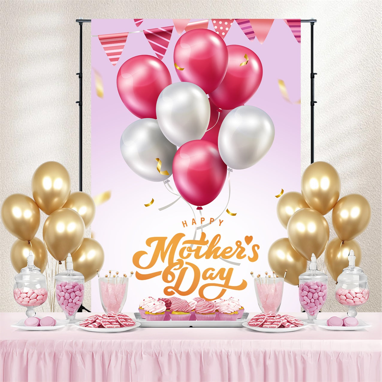Backdrops For Mother's Day Silver Pink Balloon Customized Backdrop GTY3-209