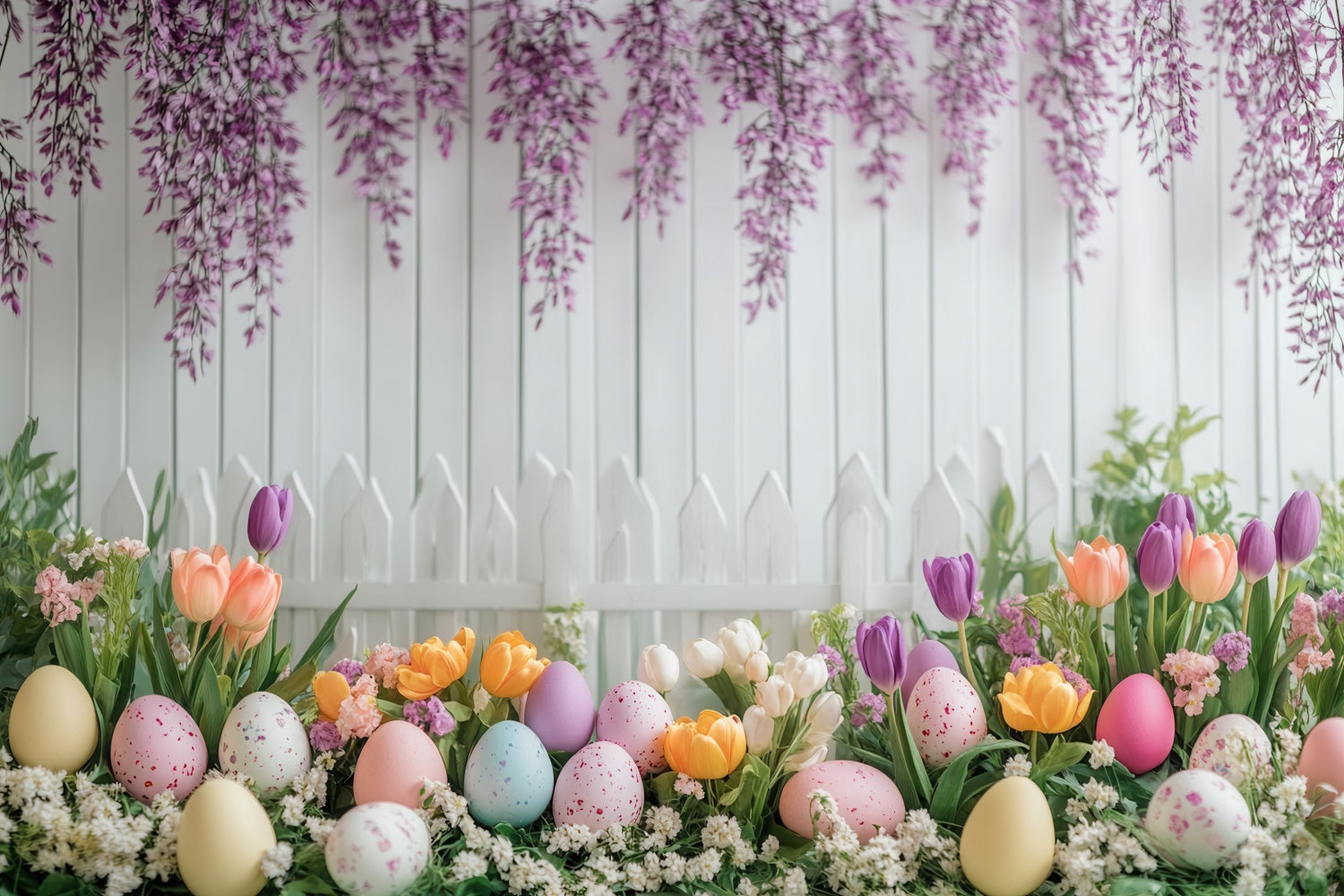 Backdrop For Easter Wisteria Bloom White Fence Backdrop GTY3-240