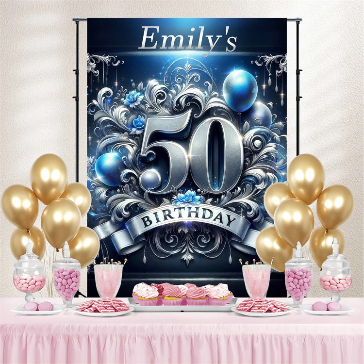 Personalized 50th Birthday Backdrop Silver Floral Celebration Backdrop GTY3-251
