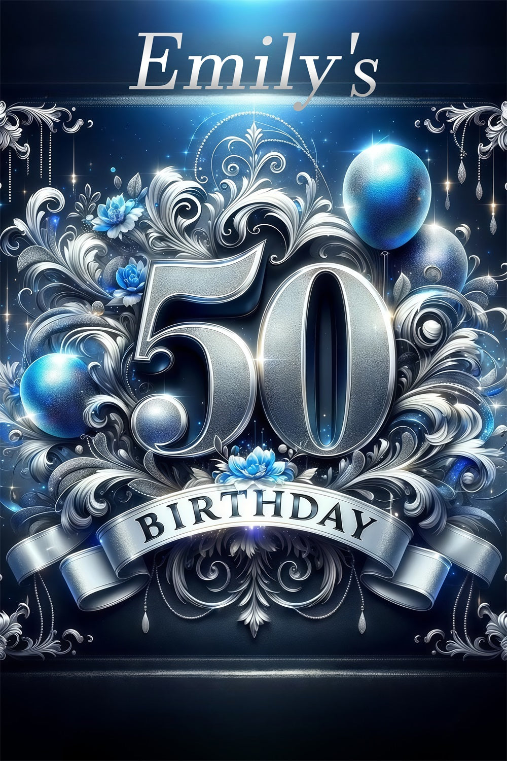 Personalized 50th Birthday Backdrop Silver Floral Celebration Backdrop GTY3-251