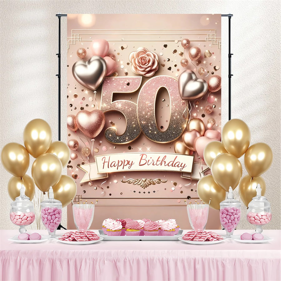 50th Birthday Backdrop Heart Balloon Pink Personalized Backdrop GTY3-252