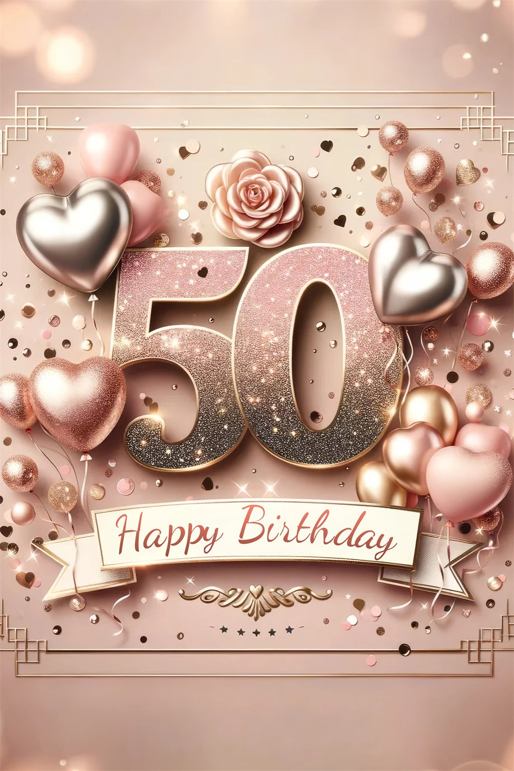 50th Birthday Backdrop Heart Balloon Pink Personalized Backdrop GTY3-252