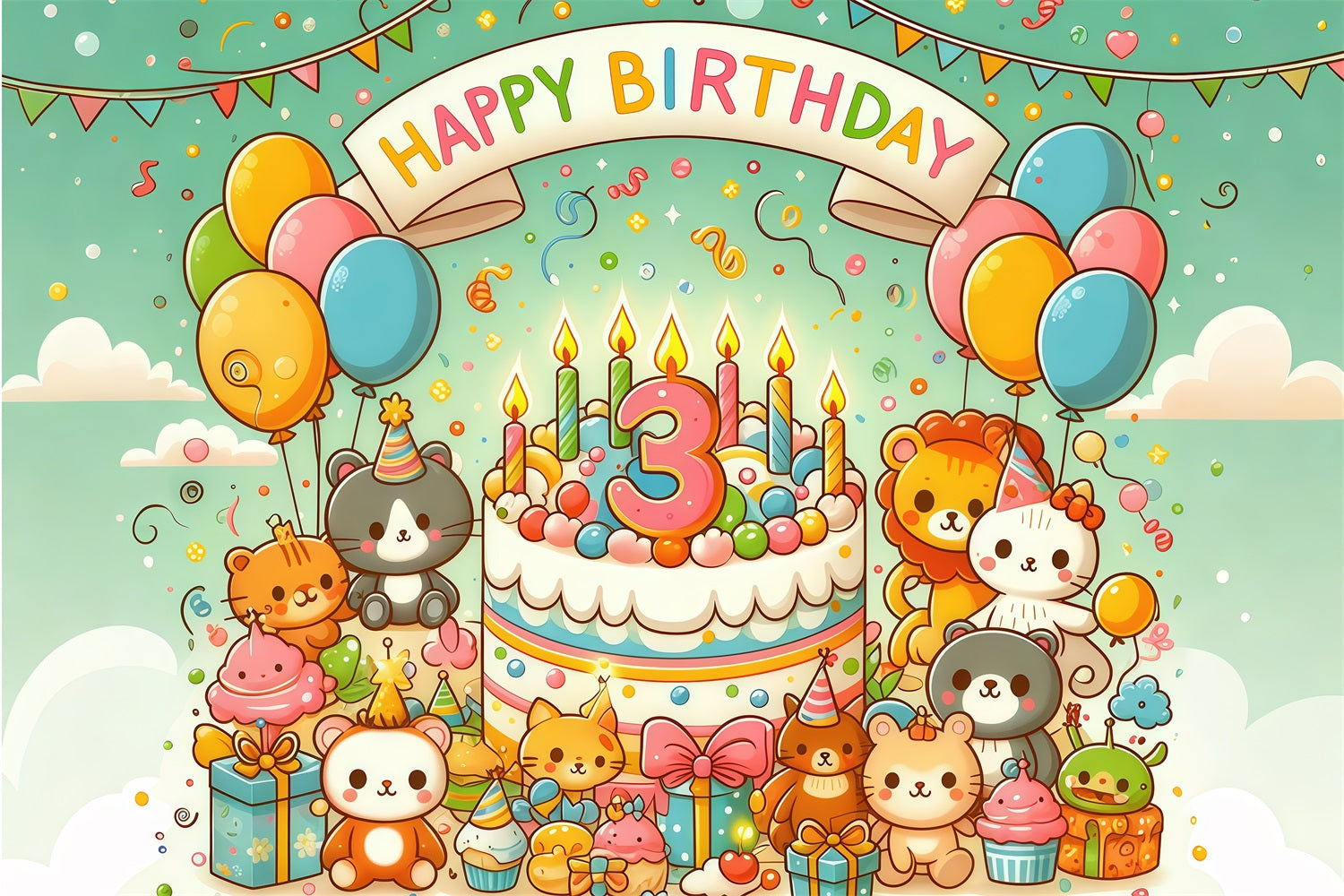 Birthday Backdrop Ideas Cartoon Animal Cake Personalised Backdrop GTY3-256