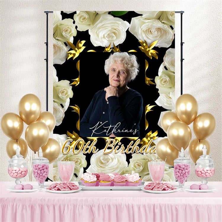 Personalized 60th Birthday Backdrop White Rose Celebration Backdrop GTY3-262