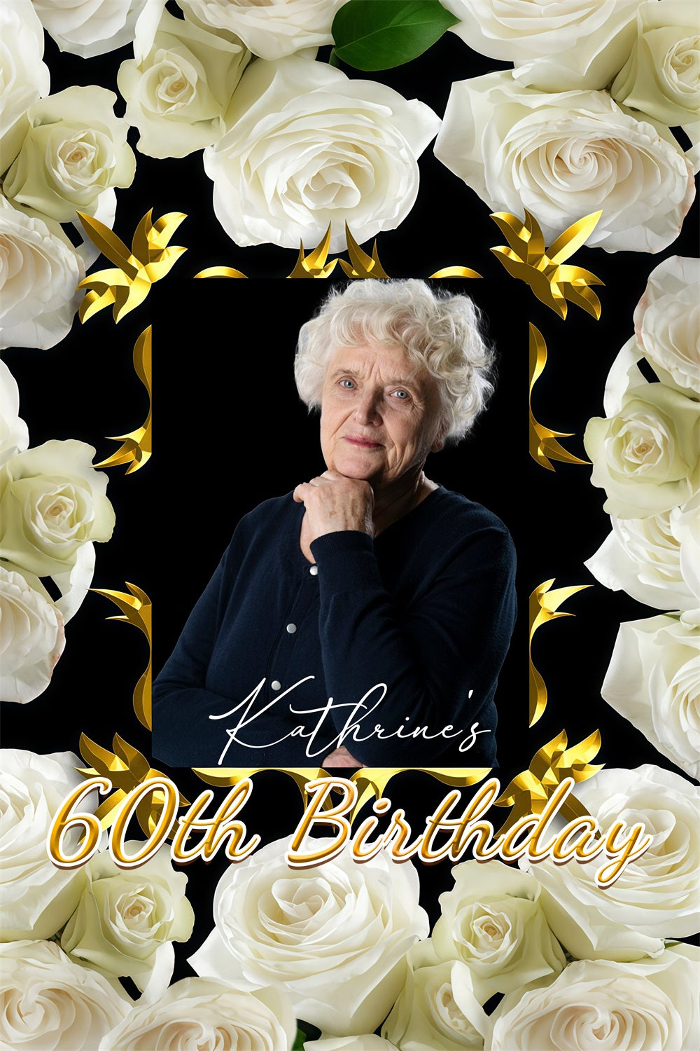 Personalized 60th Birthday Backdrop White Rose Celebration Backdrop GTY3-262
