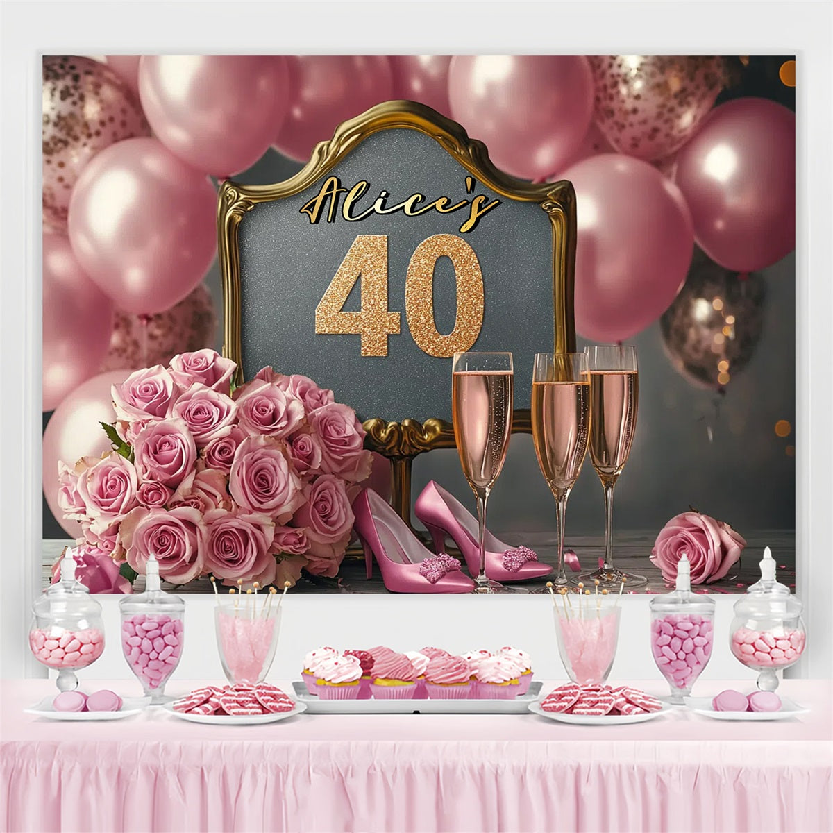 Personalized 40th Birthday Backdrop Pink Roses Champagne Balloon Backdrop GTY3-264