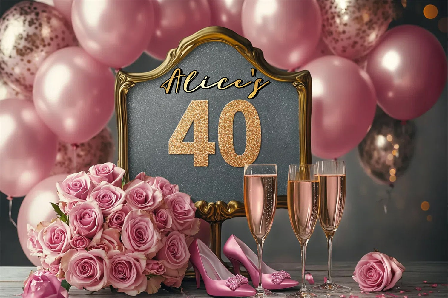 Personalized 40th Birthday Backdrop Pink Roses Champagne Balloon Backdrop GTY3-264
