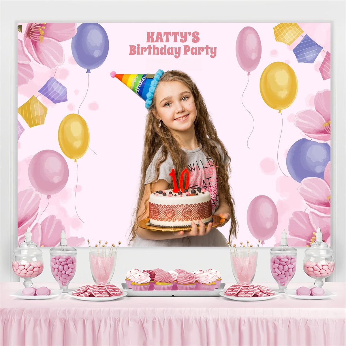 Personalized Birthday Photo Backdrop Pastel Floral Balloons Backdrop GTY3-265