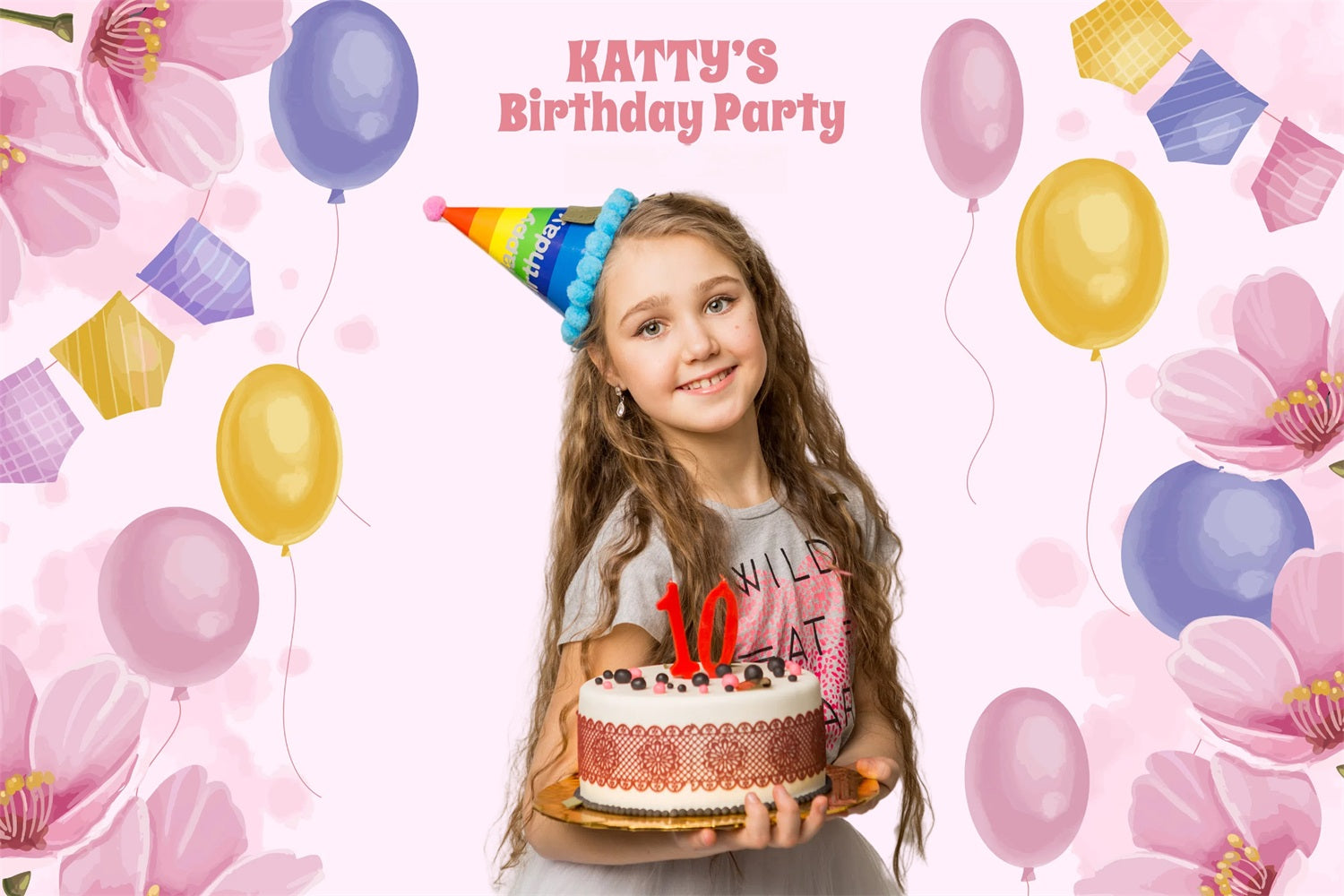 Personalized Birthday Photo Backdrop Pastel Floral Balloons Backdrop GTY3-265