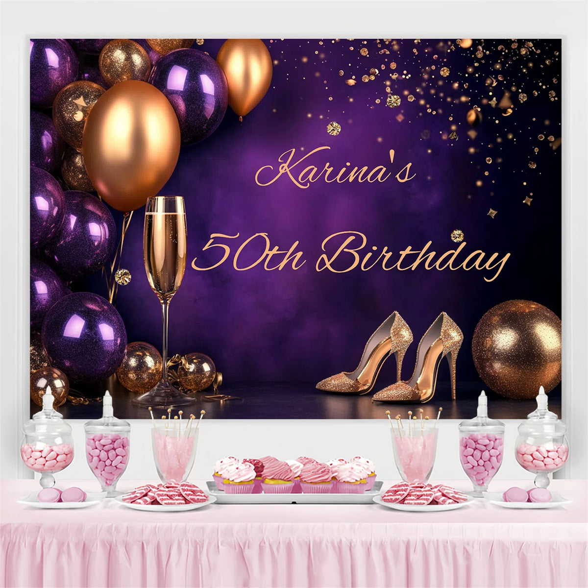 Personalized 50th Birthday Backdrops Champagne Balloons Backdrop GTY3-266