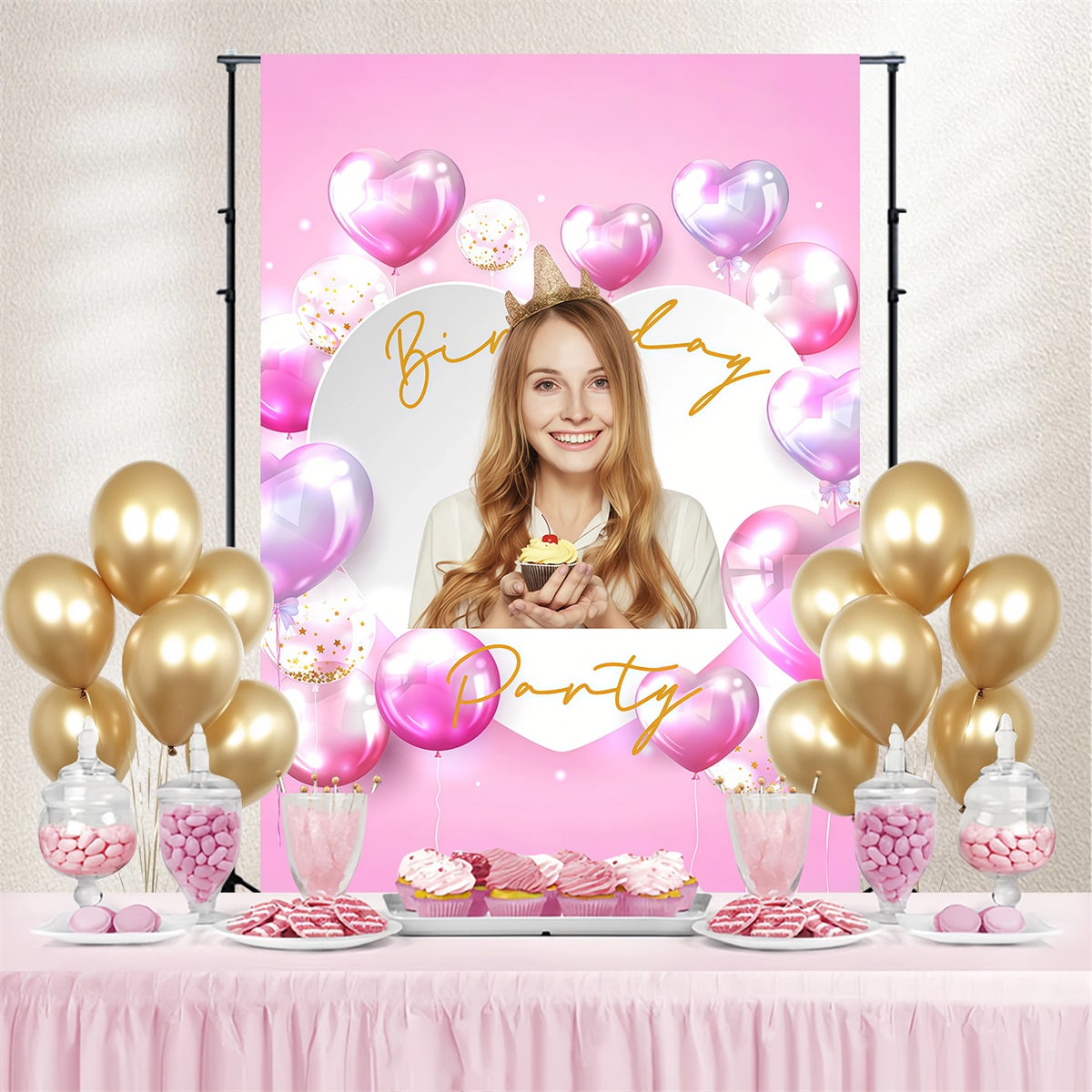 Birthday Backdrop Personalized Pink Heart Balloon Backdrop GTY3-270