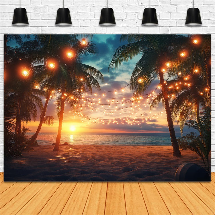 Beach Photo Backdrop Sunset Palm String Light Summer Backdrop GTY3-281