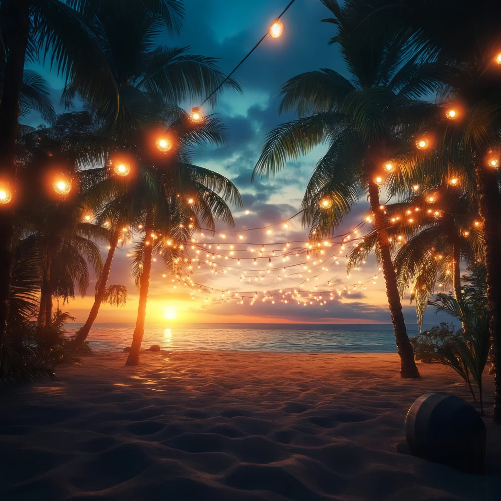 Beach Photo Backdrop Sunset Palm String Light Summer Backdrop GTY3-281