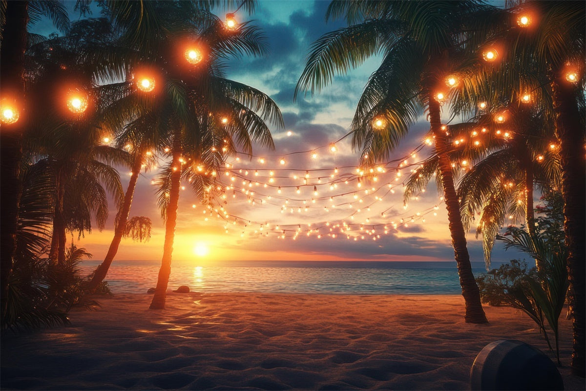Beach Photo Backdrop Sunset Palm String Light Summer Backdrop GTY3-281