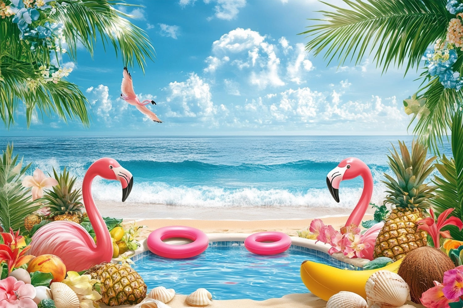 Tropical Beach Backdrop Tropical Fruit Flamingo Summer Backdrop GTY3-282