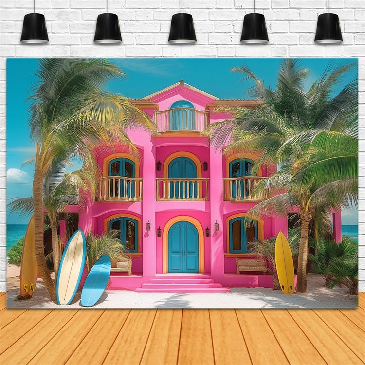 Summer Photo Backdrop Pink Beach House Palm Backdrop GTY3-283