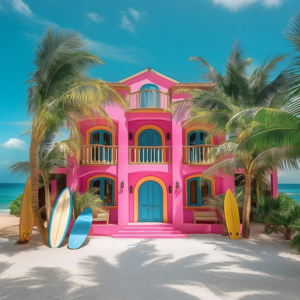 Summer Photo Backdrop Pink Beach House Palm Backdrop GTY3-283