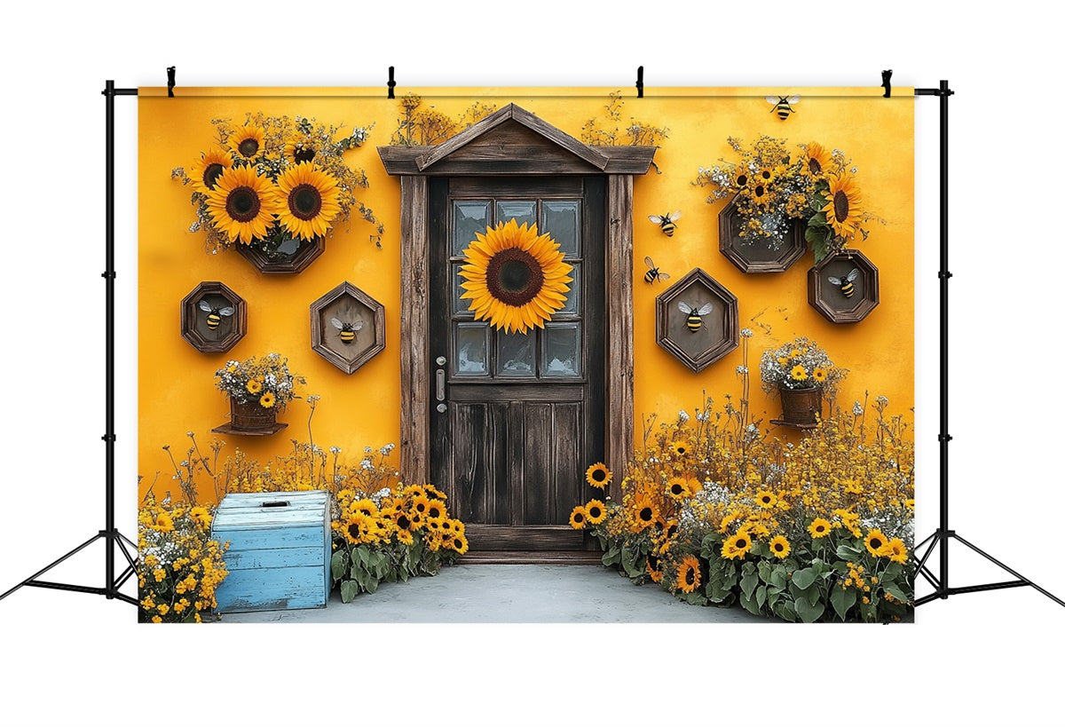 Sunflower Photo Backdrop Sunflower Wooden Door Summer Backdrop GTY3-284