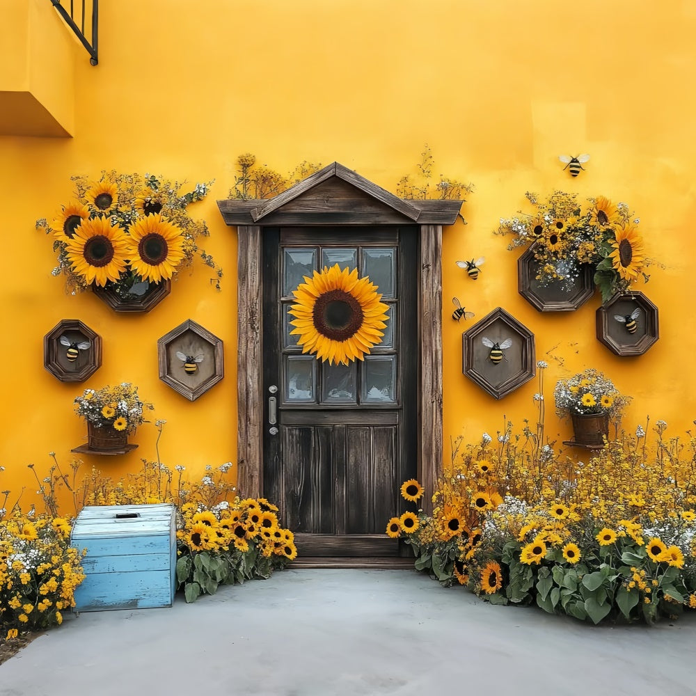 Sunflower Photo Backdrop Sunflower Wooden Door Summer Backdrop GTY3-284
