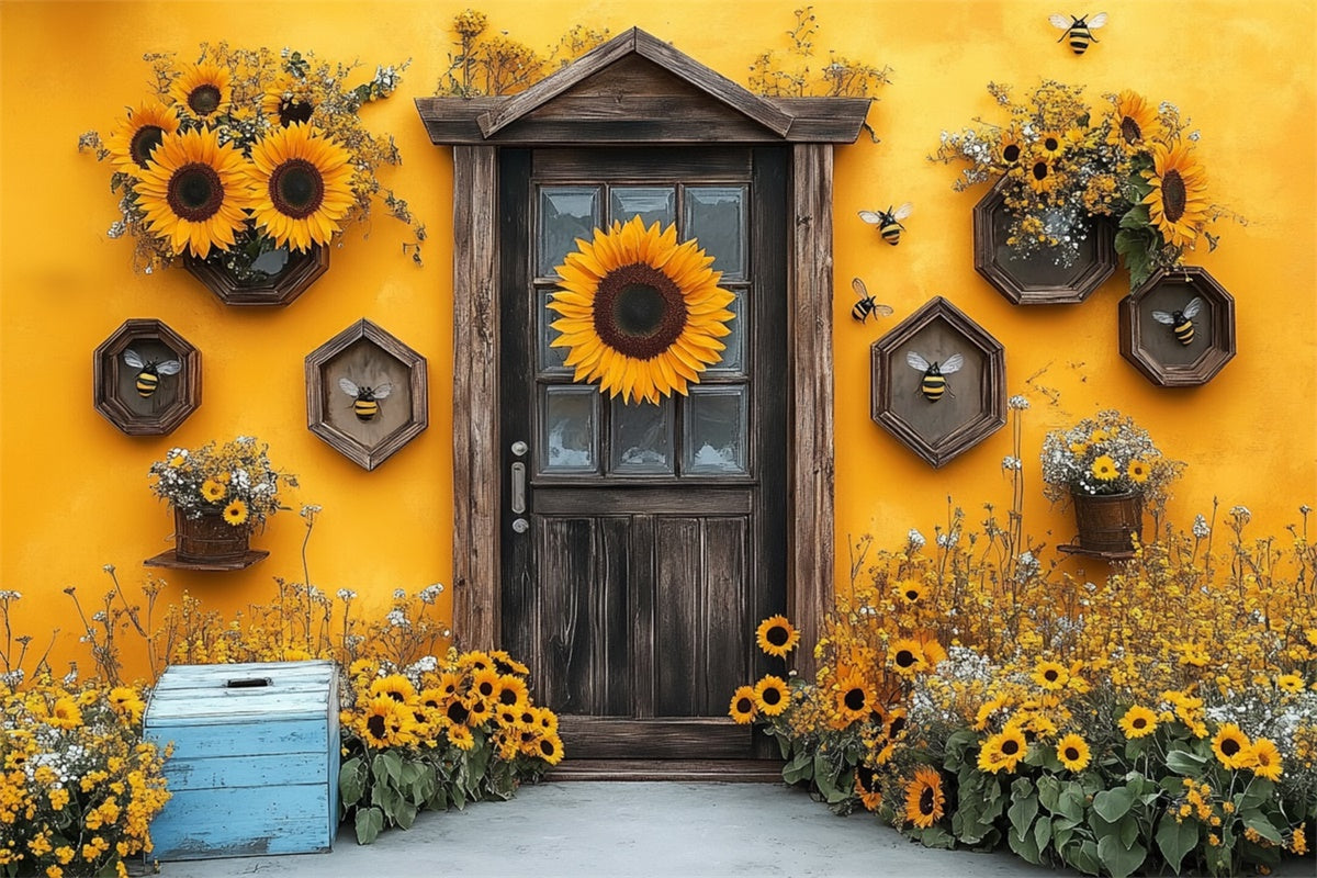 Sunflower Photo Backdrop Sunflower Wooden Door Summer Backdrop GTY3-284