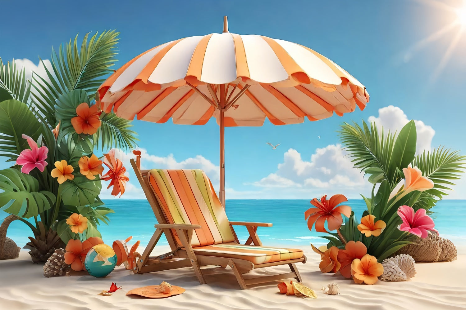 Tropical Beach Backdrop Palm Flower Chair Summer Backdrop GTY3-293