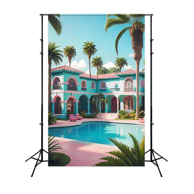 Summer Photo Backdrop Villa Palm Tree Pool Backdrop GTY3-297