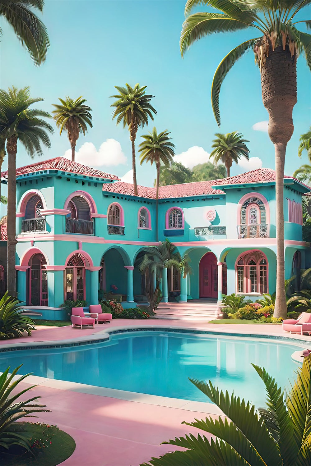 Summer Photo Backdrop Villa Palm Tree Pool Backdrop GTY3-297