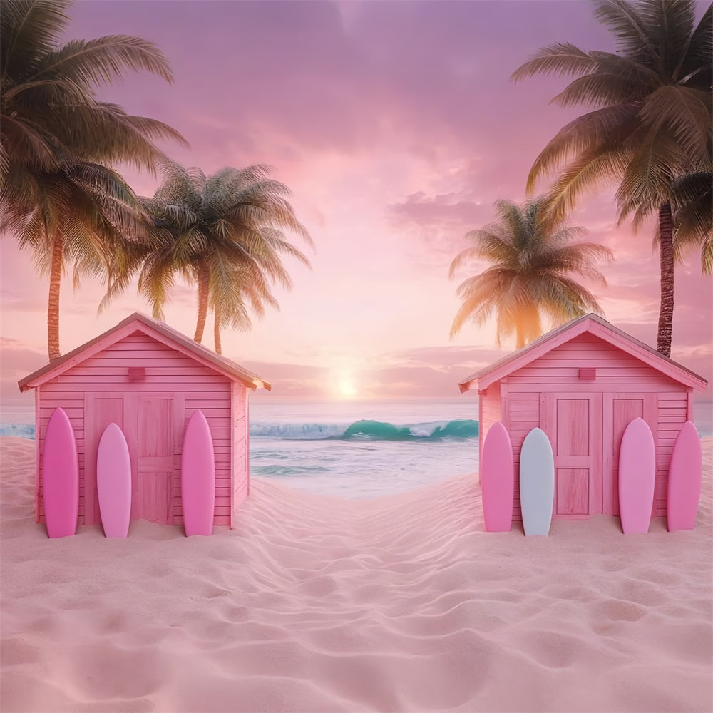 Pink Beach Backdrop Beach Cabins Sunset Summer Backdrop GTY3-303