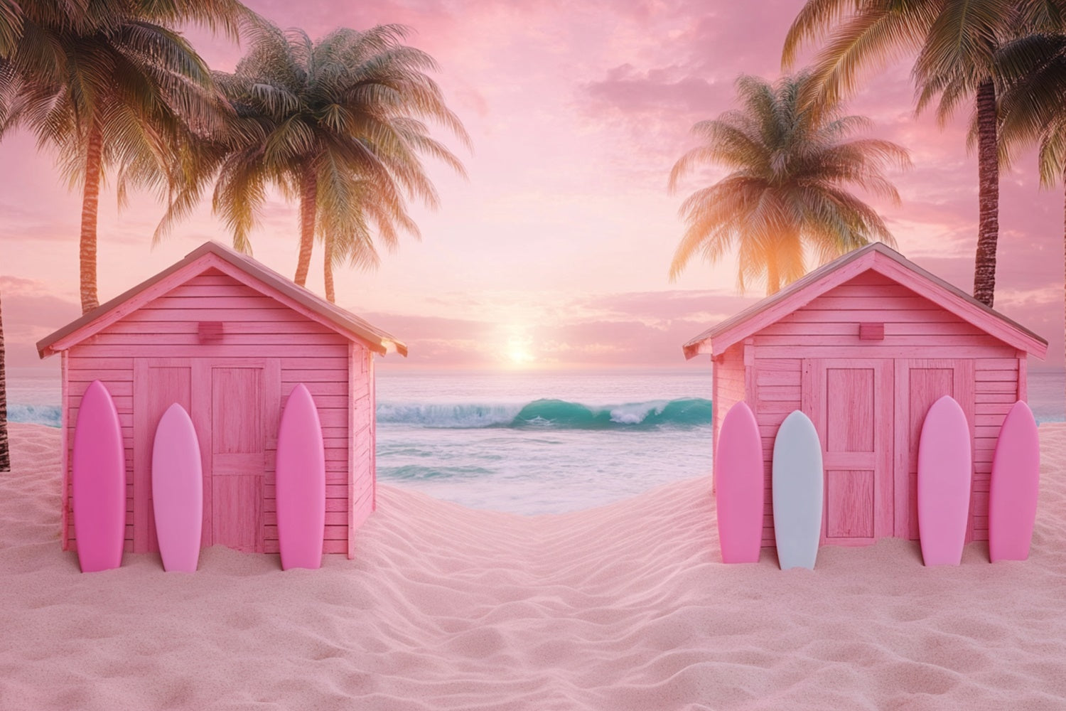 Pink Beach Backdrop Beach Cabins Sunset Summer Backdrop GTY3-303