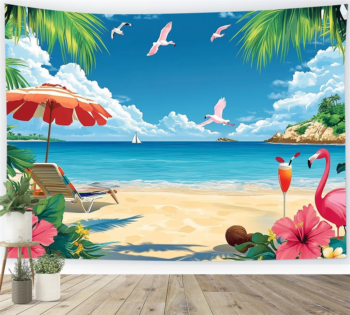 Tropical Photo Backdrop Flamingos Island Beach Summer Backdrop GTY3-304