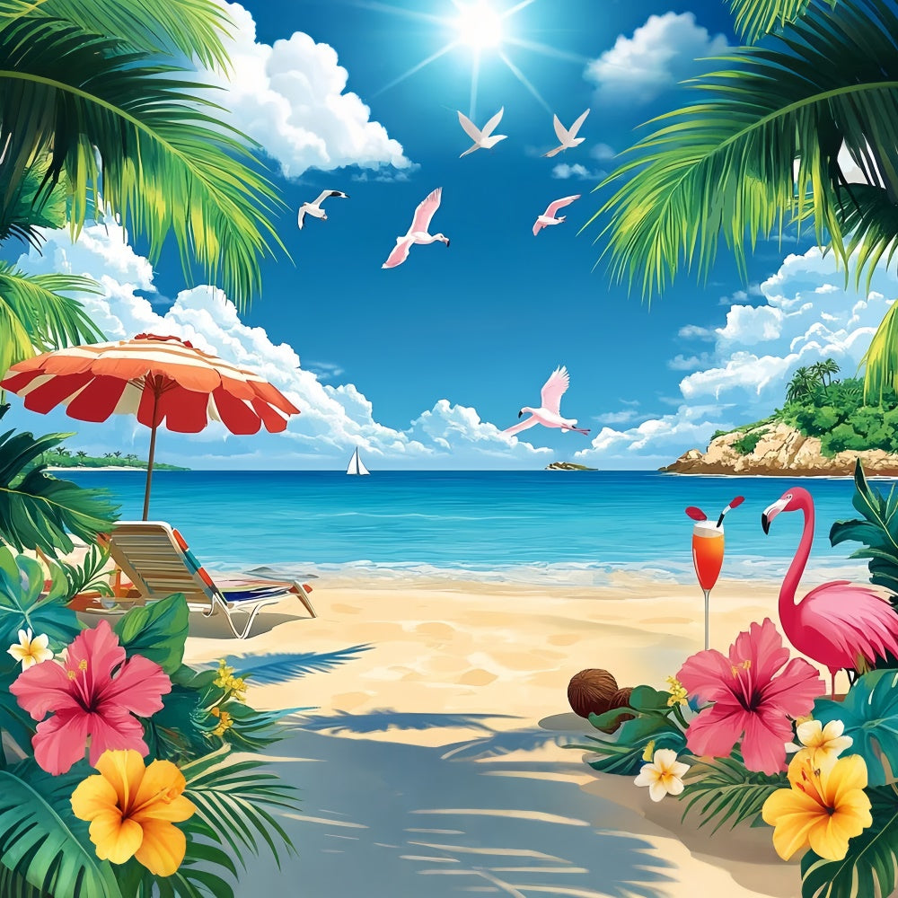 Tropical Photo Backdrop Flamingos Island Beach Summer Backdrop GTY3-304