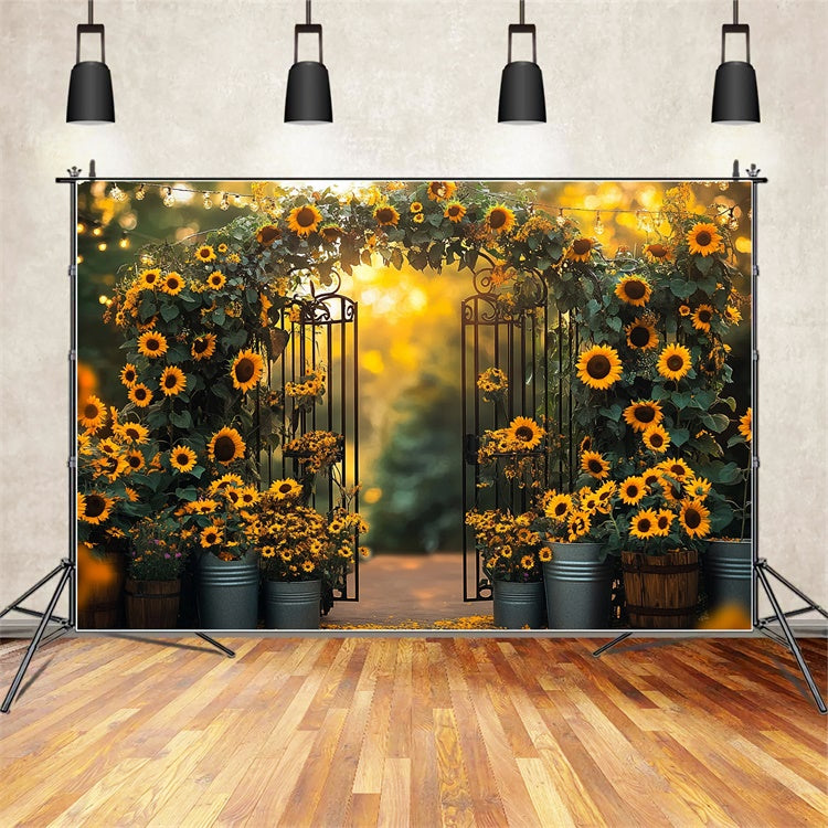 Sunflower Photo Backdrop Sunflower Iron Gate Summer Backdrop GTY3-306