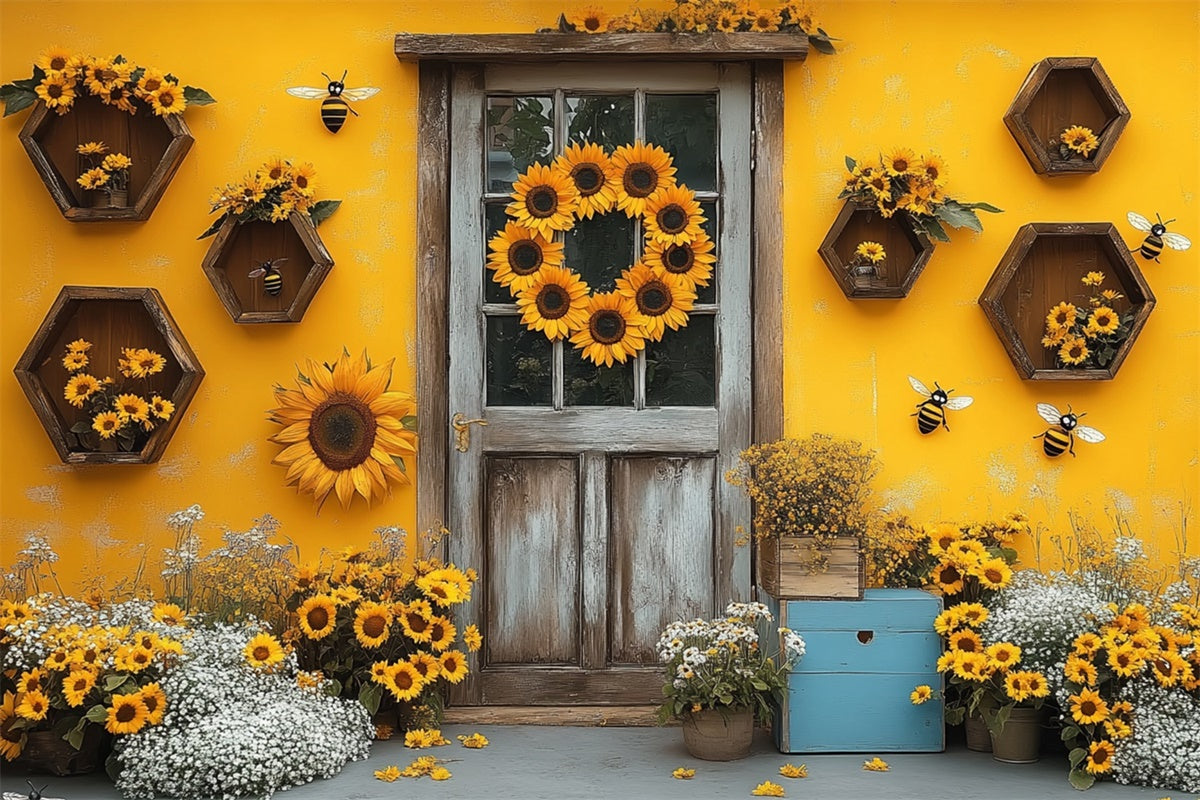 Sunflower Photo Backdrop Rustic Door Sunflower Summer Backdrop GTY3-311