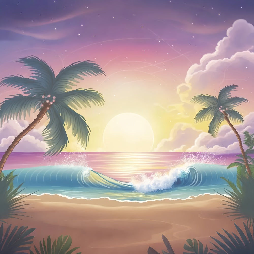 Beach Photo Backdrop Sunrise Palm Ocean Wave Summer Backdrop GTY3-379