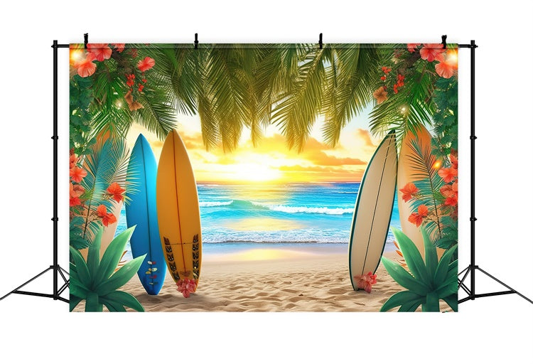 Beach Backdrop Colorful Surfboards Palm Leaves Summer Backdrop GTY3-384
