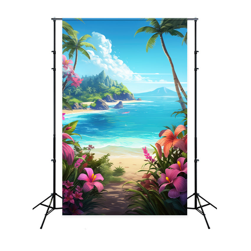 Beach Photography Backdrop Blue Sky Floral Trail Summer Backdrop GTY3-385