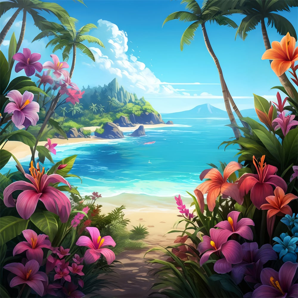 Beach Photography Backdrop Blue Sky Floral Trail Summer Backdrop GTY3-385