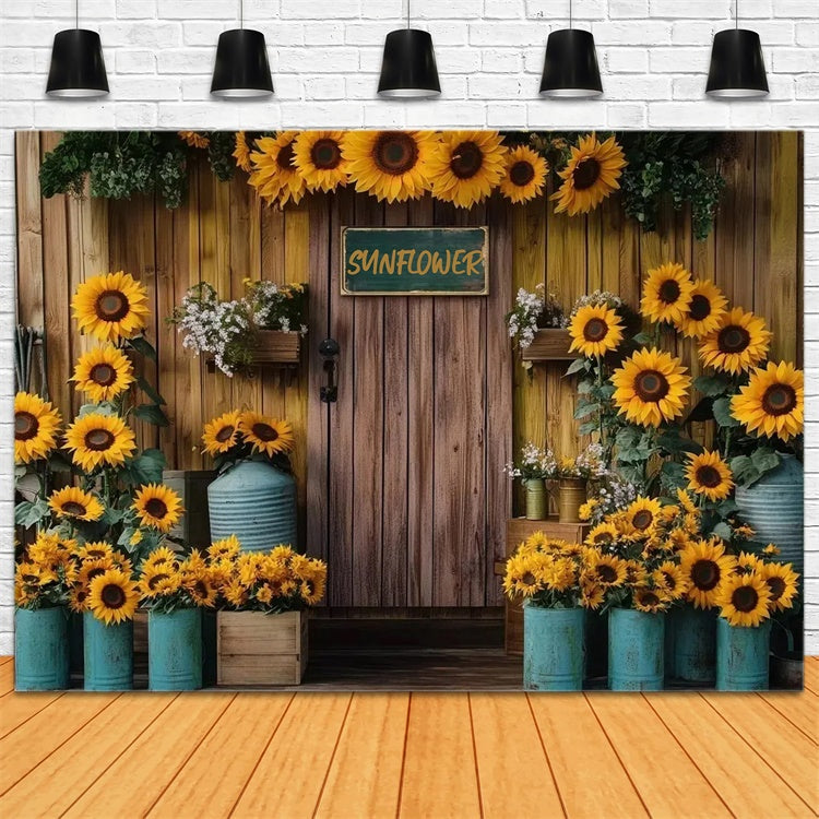 Sunflower Backdrops Wooden Wall Rustic Bloom Summer Backdrop GTY3-410