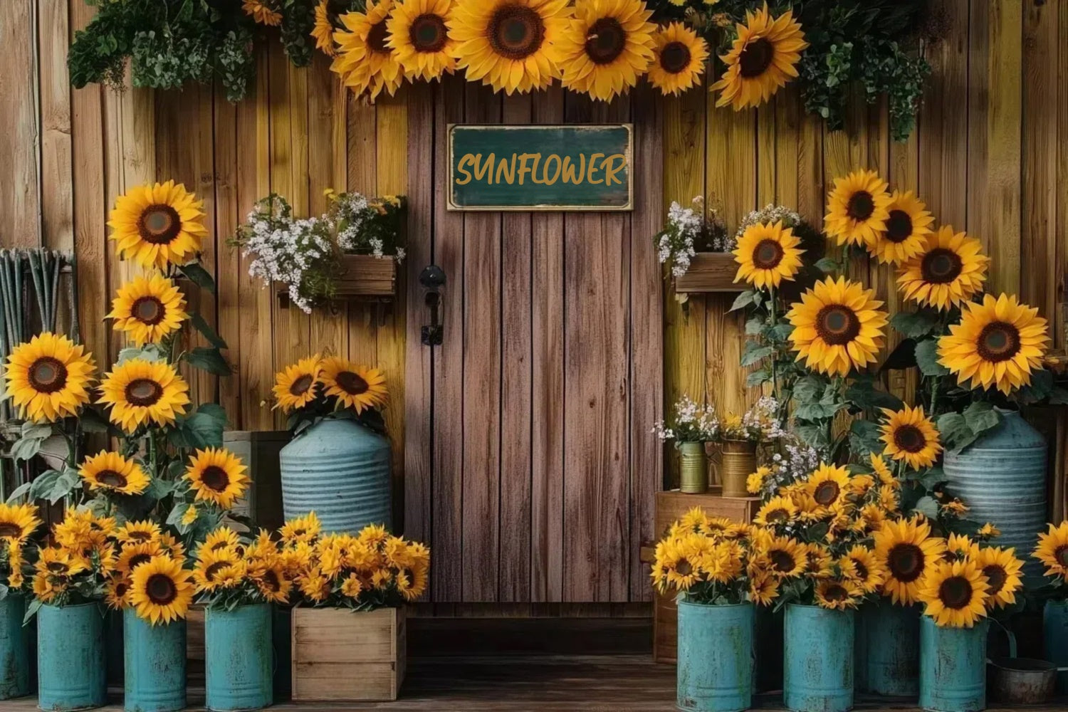 Sunflower Backdrops Wooden Wall Rustic Bloom Summer Backdrop GTY3-410