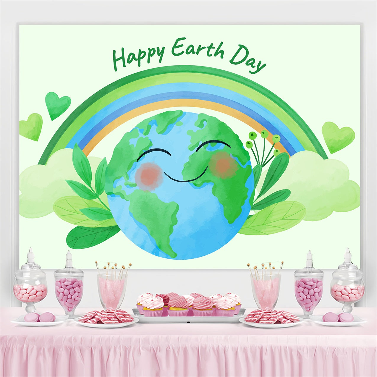 Happy Earth Day Backdrop Smiling Planet Green Leaves Theme Backdrop GTY3-43