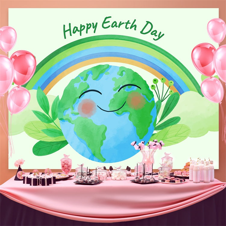Happy Earth Day Backdrop Smiling Planet Green Leaves Theme Backdrop GTY3-43
