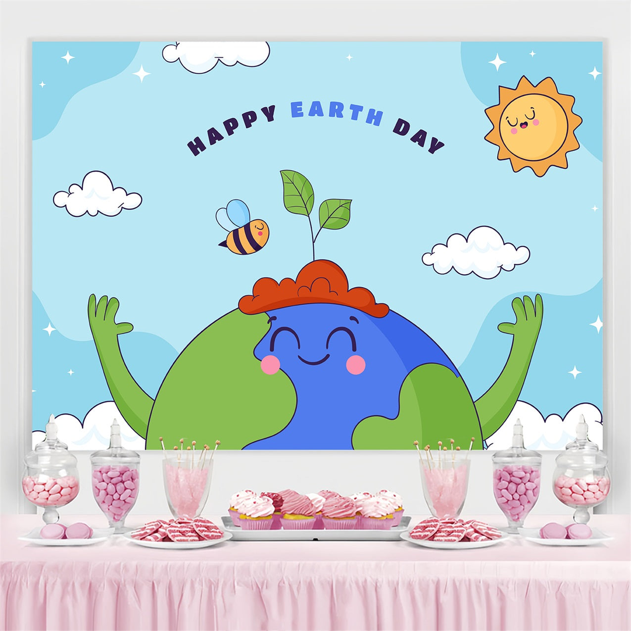 Happy Earth Day Backdrop Cartoon Earth Green Hands Backdrop GTY3-45