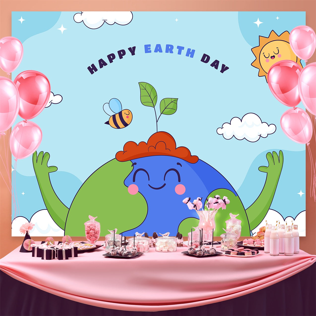 Happy Earth Day Backdrop Cartoon Earth Green Hands Backdrop GTY3-45